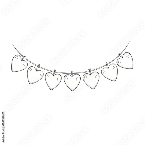 Hand-drawn heart garland on a string, blank for text, romantic decoration