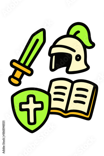 An illustration of a knight's items including a sword, helmet, shield, and a book