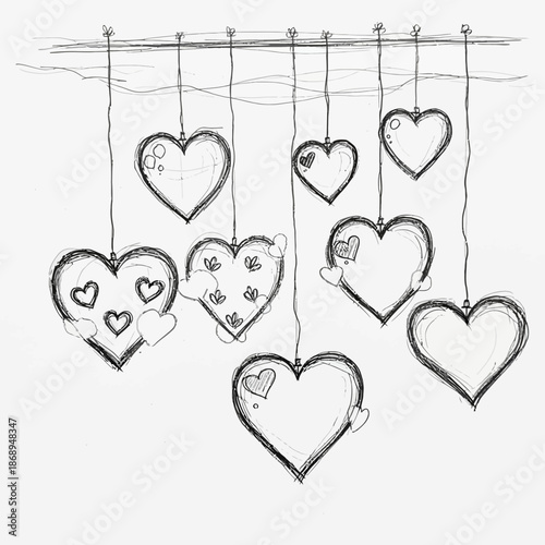 Hand-drawn Hearts Garland, Love Symbols, Romantic Sketch, Valentine's Day