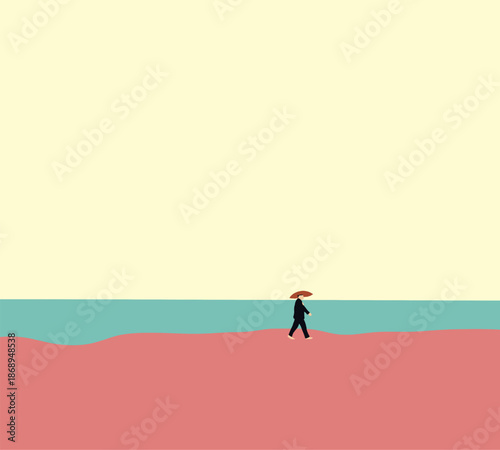 Man with pink umbrella walking on the beach enjoying sea view. Tourist travel holiday vacation. Nature relaxation.