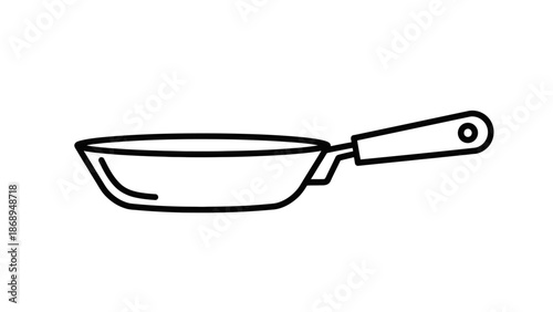 Simple black and white line drawing of a frying pan with handle.