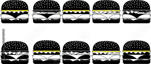 Burger set illustration showing multiple cheeseburgers in black and white, fast food collection isolated on white background, minimalist vector design