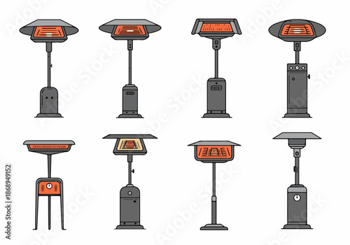 Set of eight different vector icons representing outdoor patio heaters for cafes, terraces, and gardens, isolated on white background.