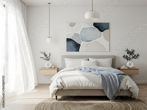 Serene bedroom showcases neutral tones and soothing natural light