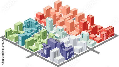 Isometric cityscape divided into colorful districts with streets