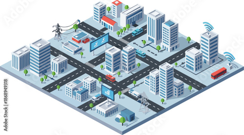 Futuristic Smart City Isometric View with Connected Buildings and Transportation