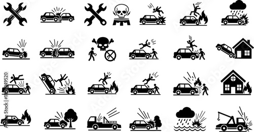 Car Crash and Road Accident Black Icon Vector Set, Auto Insurance Claim, Traffic Safety and Emergency Incident Graphics, Automotive Hazard and Warning Symbol Collection Illustration.