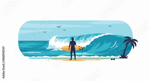 Lone surfer silhouette on a tropical beach, holding a surfboard and looking at a massive, breaking ocean wave.