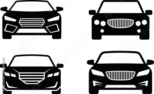 Car front view silhouettes collection, modern automobile icons set, black and white sedan SUV designs, minimal flat vector illustration, for transport branding use