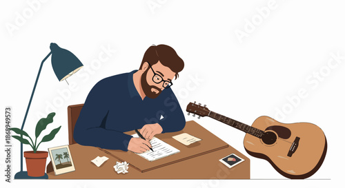 A bearded man wearing glasses is writing lyrics or notes at a wooden desk with an acoustic guitar, lamp, and plant nearby, vector illustration.