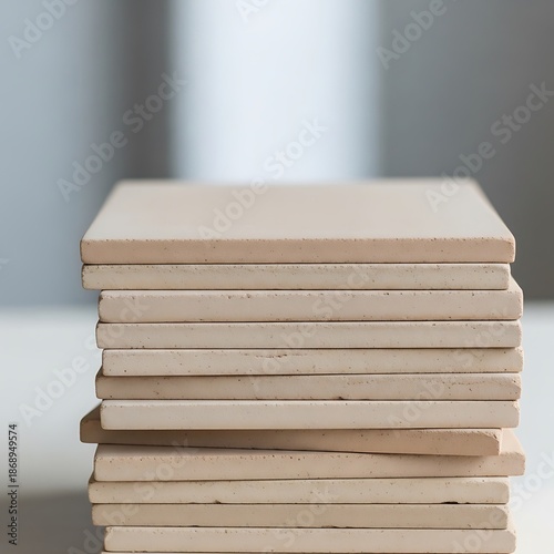 Stack of beige ceramic tiles casting shadows against a neutral backdrop