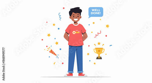 Smiling Boy Celebrating Achievement with Trophy and Confetti, Receiving "Well Done!" Recognition.
