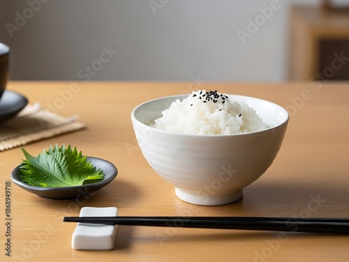 Steamed Rice with Sesame Seeds and Shiso Leaf on a Wooden Table Top