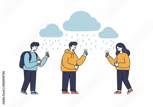 Young people absorbed by smartphones while standing under rain clouds, symbolizing digital dependence and constant connectivity.