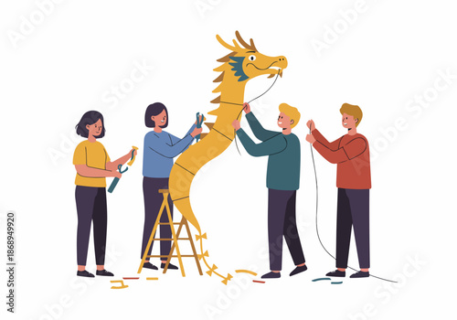 Four people working together to prepare and assemble a traditional yellow Chinese dragon costume for the Lunar New Year celebration.