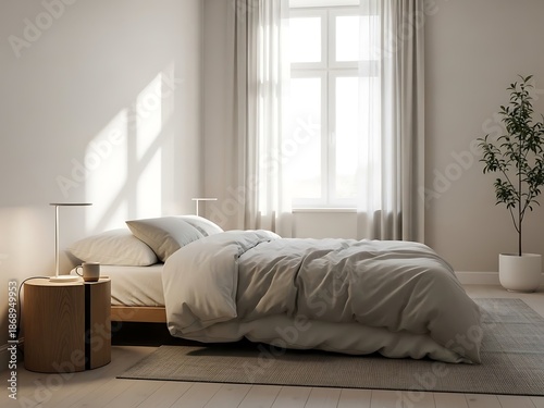 Sunlit bedroom scene with minimalistic design and muted color palette