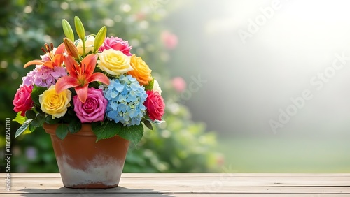 Vibrant floral display in clay pot with natural garden background setting