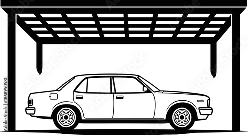 Car parked under garage shelter illustration, classic sedan vehicle protection concept with carport structure, residential parking and automotive safety theme, clean black vector design