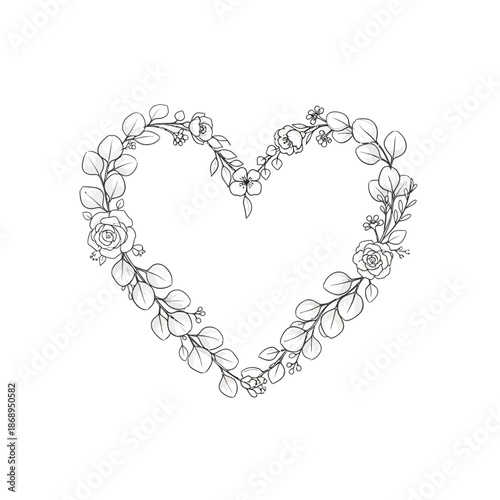 Hand-drawn heart wreath with eucalyptus leaves and small flowers, elegant botanical frame design