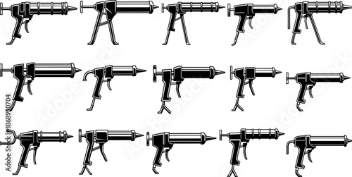 Caulking gun silhouettes vector collection, construction sealant applicator tools in multiple styles, black hardware illustration set for building, repair, industrial design projects