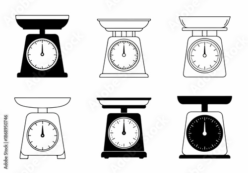 Collection of six analog mechanical kitchen scales icons in various styles, including line art and solid black silhouettes, perfect for cooking measurement design.