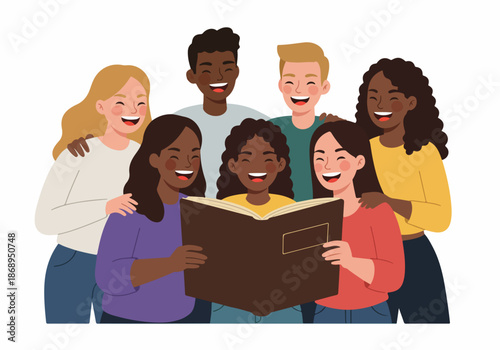 Happy diverse friends smiling while reading a book together, illustrating unity and friendship.