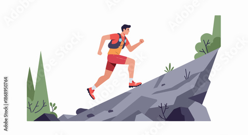 Trail Runner Ascending a Steep Mountain Hill Climb Illustration, representing Endurance, Fitness Challenge, and Outdoor Adventure Sports.
