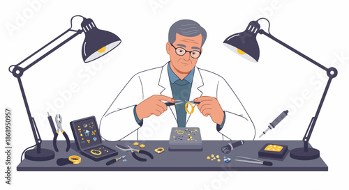 Detailed illustration of a professional senior jeweler working on fine jewelry, setting diamonds and gold rings at his illuminated workbench.