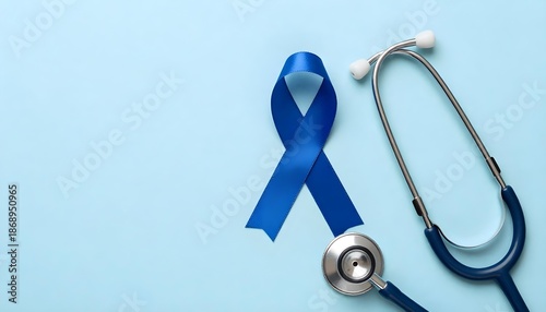 Blue ribbon alongside a stethoscope on a blue backdrop, highlighting awareness for colorectal cancer and healthcare advocacy