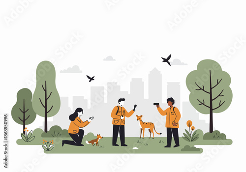 Group of nature observers photographing wildlife, including a fox and deer, in an urban park setting near a metropolitan city skyline.
