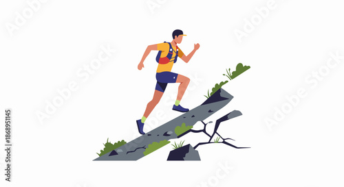 Athletic Man Trail Running Uphill on a Steep Rocky Path.