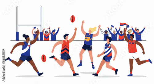 Dynamic vector illustration of diverse Australian Rules Football players contesting the oval ball, celebrating victory in front of cheering stadium fans and goalposts.