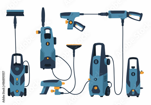 Flat Vector Set of Professional High Pressure Washer Equipment, Detailing Various Models, Spray Guns, and Cleaning Attachments for Outdoor Maintenance.
