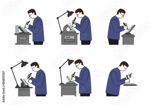 Sequence of illustrations depicting a skilled worker performing precision grinding and polishing using various tools and machinery.