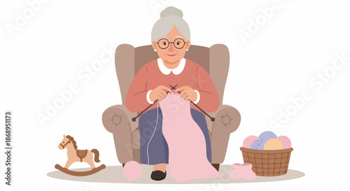 Happy grandmother knitting a pink baby blanket in a cozy armchair, surrounded by yarn and a rocking horse.