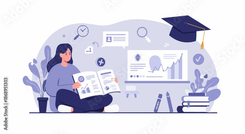 Young woman studying analytical data and educational materials, surrounded by a graduation cap, graphs, and books, representing knowledge acquisition and career growth.