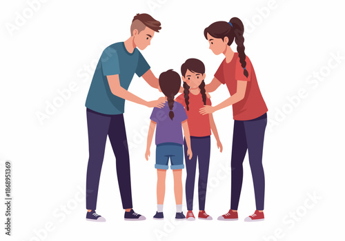 Supportive parents standing with their two young daughters, showcasing family love, care, and protection.