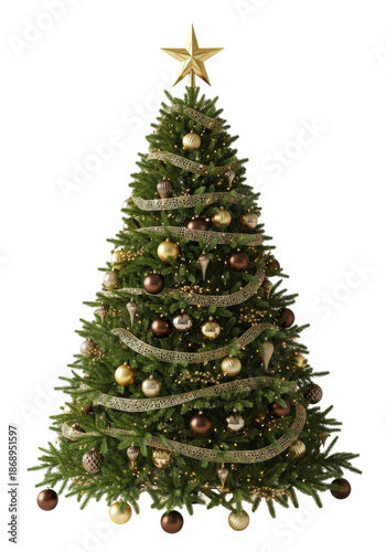 majestic, dense fraser fir christmas tree adorned with matte gold and bronze spheroid ornaments, glowing internal lights, isolated on a transparent commercial background. concept for luxury holiday
