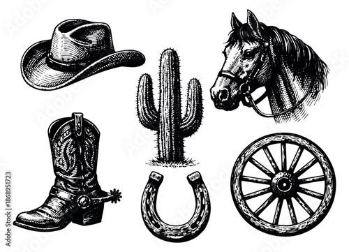 Vintage hand drawn line art western elements set featuring cowboy hat, boot, horse, cactus, horseshoe and wagon wheel for wild west designs