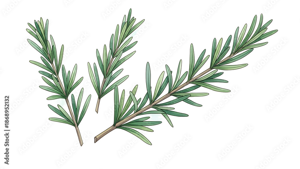 Obraz premium Illustration of rosemary branches with green leaves on a white background viewed from directly above