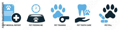 Set of veterinary and pet care icon vector for animal clinics. Ideal for grooming, medical tools, food supplies, toys, and general pet service symbols.