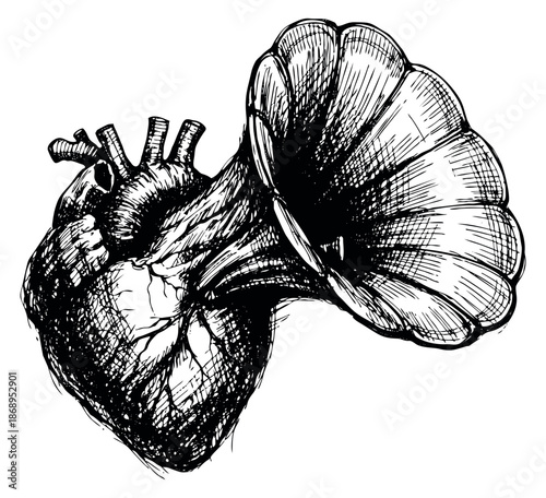 Hand drawn illustration of a human heart combined with a gramophone horn for music and passion concepts