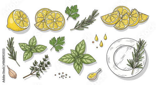 Hand-drawn illustration of fresh lemons, aromatic herbs, and spices for cooking.