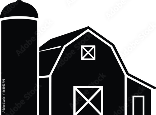 Farm barn with silo icon, rural agriculture symbol, countryside structure, farming equipment silhouette