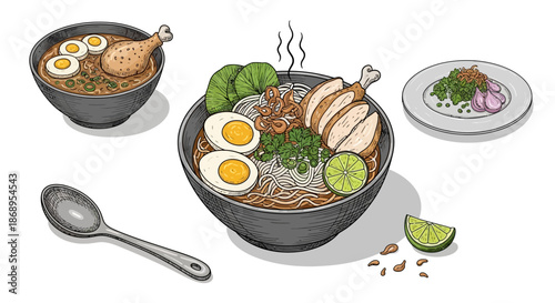 An illustrated spread of delicious Asian noodle soup dishes with chicken, eggs, and lime, accompanied by a side salad and a spoon.