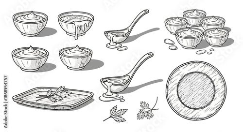 Monochrome hand-drawn sketch of kitchen items, including bowls with sauce, ladles, a plate, and fresh herbs.