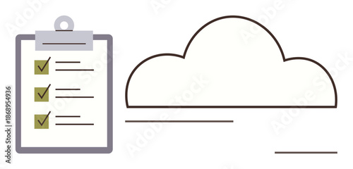 Project planning, cloud computing, data organization, digital transformation, productivity, task management. A checklist clipboard beside a simplified cloud shape. Cloud computing and data