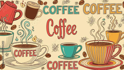 Delightful coffee illustration featuring various cups, beans, and steaming beverage text