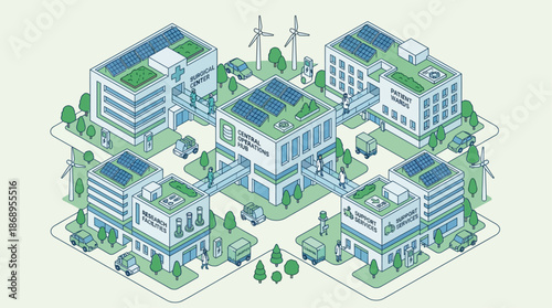 Isometric Smart Hospital Campus with Sustainable Energy Systems, Green Medical Facility Diagram featuring Solar Panels, Wind Turbines, and Connected Healthcare Infrastructure for Future City