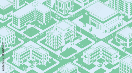 Isometric illustration of a city healthcare system with hospitals, clinics, and pharmacy. Medical infrastructure and urban planning concept in green line art.